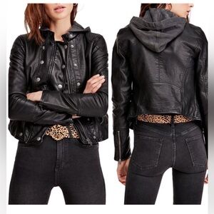 Free People Dawn Hooded Vegan Leather Jacket Juniors Medium Black Zippers